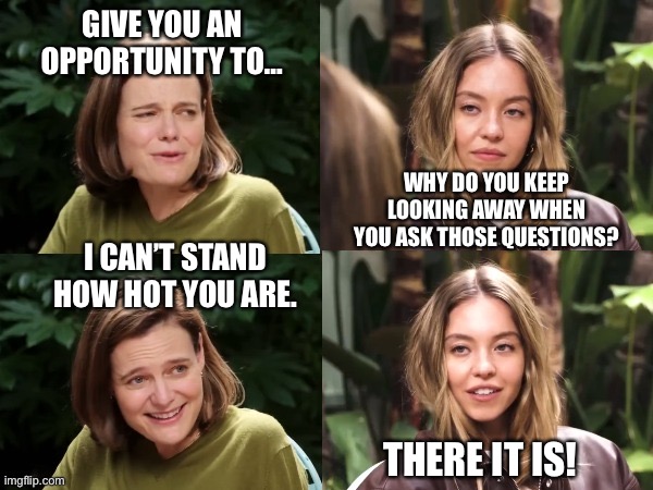 Real reason the leftist hates Sidney Sweeny | GIVE YOU AN OPPORTUNITY TO…; WHY DO YOU KEEP LOOKING AWAY WHEN YOU ASK THOSE QUESTIONS? I CAN’T STAND HOW HOT YOU ARE. THERE IT IS! | image tagged in sidney sweeny genes | made w/ Imgflip meme maker
