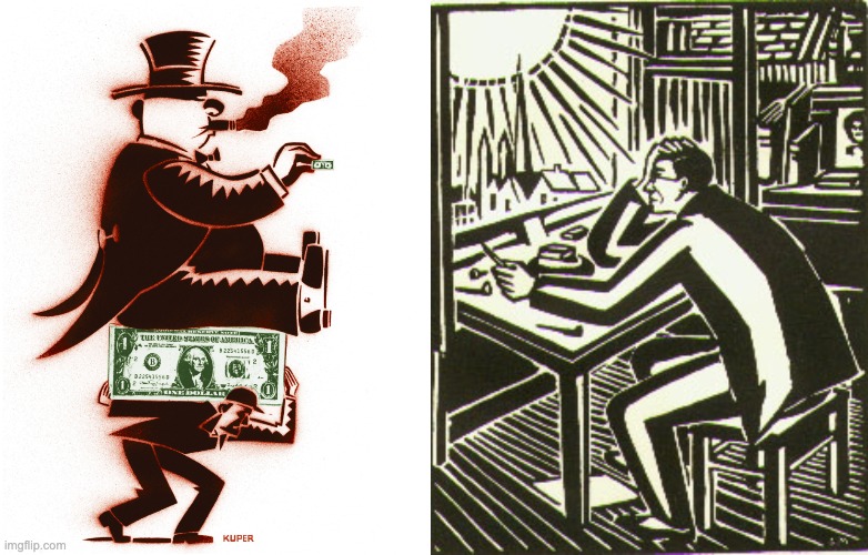 Left: Peter Kuper; Right: Franz Masereel. Who needs words | image tagged in inequality,wordless,comics,reality | made w/ Imgflip meme maker