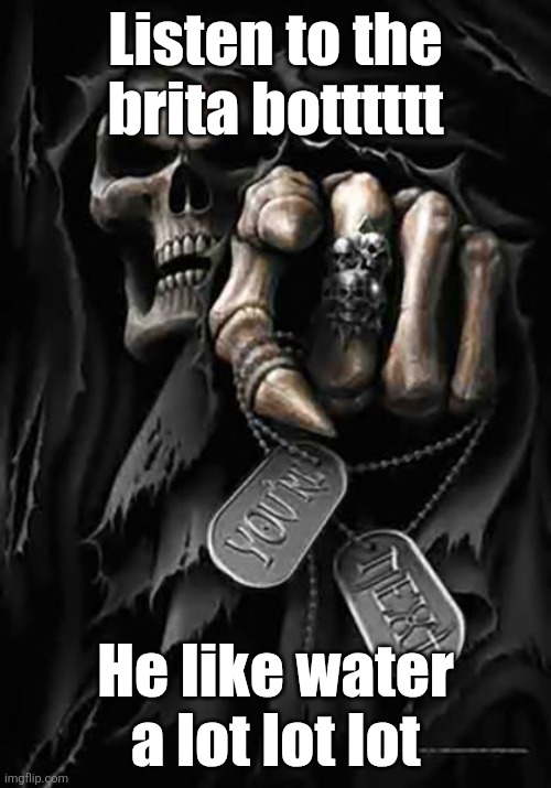 Grim Reaper | Listen to the brita botttttt; He like water a lot lot lot | image tagged in grim reaper | made w/ Imgflip meme maker