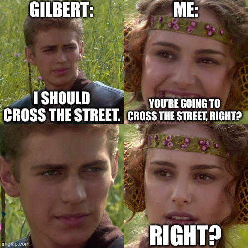 Gilbert Anakin Meme | GILBERT:; ME:; I SHOULD CROSS THE STREET. YOU’RE GOING TO CROSS THE STREET, RIGHT? RIGHT? | image tagged in anakin padme 4 panel,memes | made w/ Imgflip meme maker