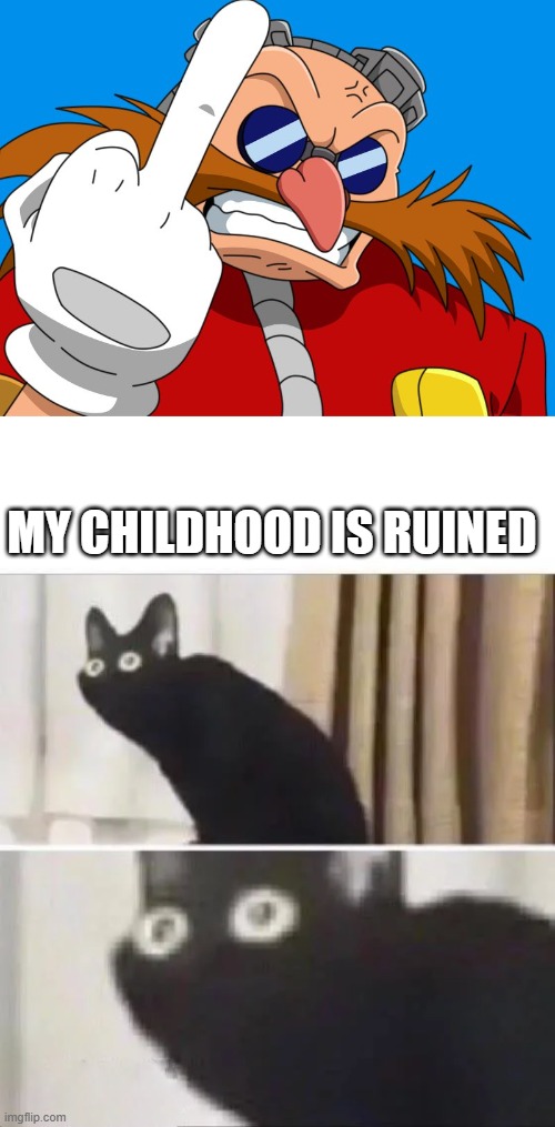 MY CHILDHOOD IS RUINED | image tagged in middle finger eggman,oh no black cat | made w/ Imgflip meme maker