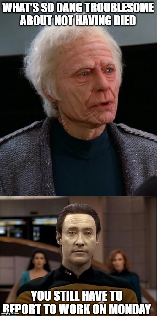 WHAT'S SO DANG TROUBLESOME ABOUT NOT HAVING DIED; YOU STILL HAVE TO REPORT TO WORK ON MONDAY | image tagged in old mccoy,star trek data | made w/ Imgflip meme maker