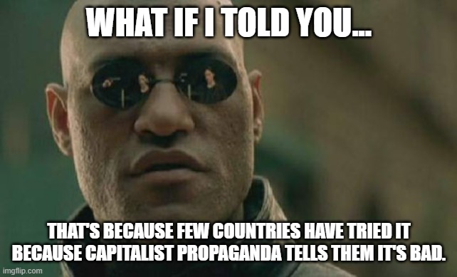 WHAT IF I TOLD YOU... THAT'S BECAUSE FEW COUNTRIES HAVE TRIED IT BECAUSE CAPITALIST PROPAGANDA TELLS THEM IT'S BAD. | image tagged in memes,matrix morpheus | made w/ Imgflip meme maker
