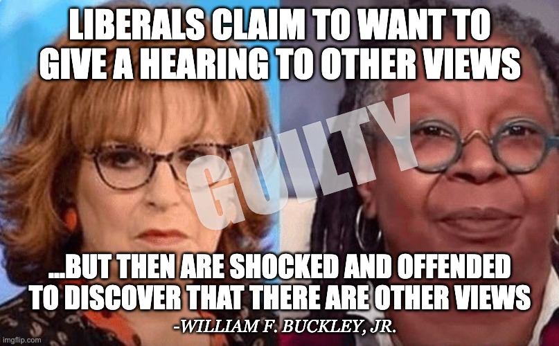 LIBERALS CLAIM TO WANT TO GIVE A HEARING TO OTHER VIEWS; GUILTY; ...BUT THEN ARE SHOCKED AND OFFENDED TO DISCOVER THAT THERE ARE OTHER VIEWS; -WILLIAM F. BUCKLEY, JR. | made w/ Imgflip meme maker