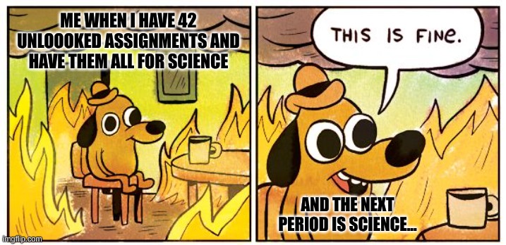 when i have exams | ME WHEN I HAVE 42 UNLOOOKED ASSIGNMENTS AND HAVE THEM ALL FOR SCIENCE; AND THE NEXT PERIOD IS SCIENCE... | image tagged in memes,this is fine | made w/ Imgflip meme maker