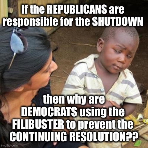 Asking for a friend… | If the REPUBLICANS are 
responsible for the SHUTDOWN; then why are
DEMOCRATS using the 
FILIBUSTER to prevent the 
CONTINUING RESOLUTION?? | image tagged in incredulous | made w/ Imgflip meme maker