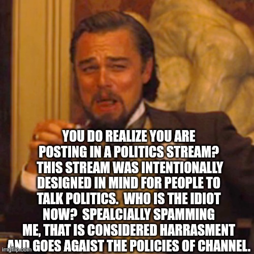 Laughing Leo Meme | YOU DO REALIZE YOU ARE POSTING IN A POLITICS STREAM?  THIS STREAM WAS INTENTIONALLY DESIGNED IN MIND FOR PEOPLE TO TALK POLITICS.  WHO IS TH | image tagged in memes,laughing leo | made w/ Imgflip meme maker