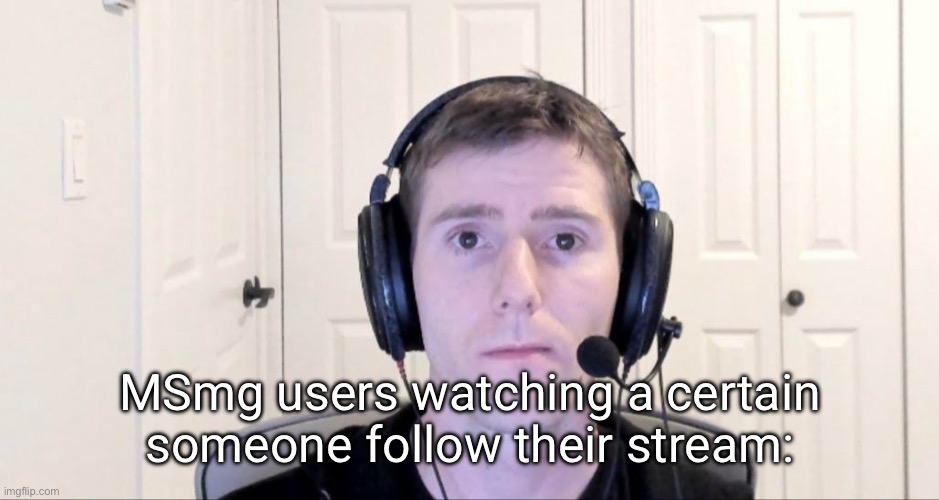 Streamer | MSmg users watching a certain someone follow their stream: | image tagged in streamer | made w/ Imgflip meme maker