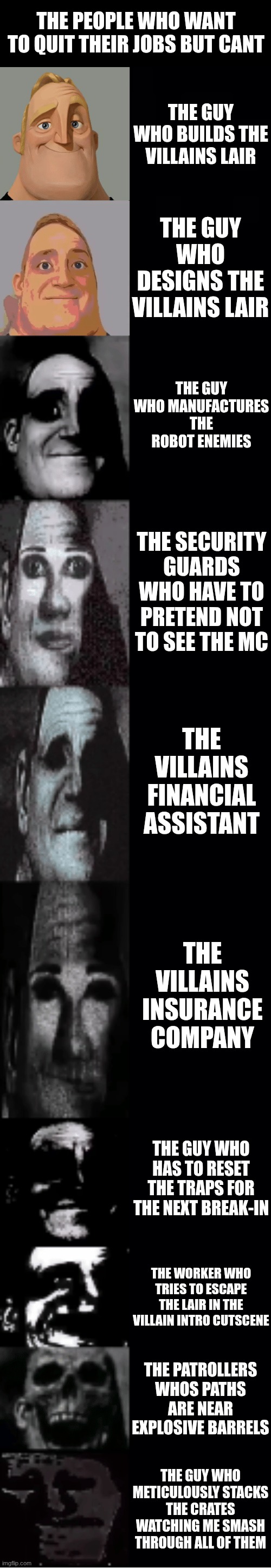 mr incredible becoming uncanny | THE PEOPLE WHO WANT TO QUIT THEIR JOBS BUT CANT; THE GUY WHO BUILDS THE VILLAINS LAIR; THE GUY WHO DESIGNS THE VILLAINS LAIR; THE GUY WHO MANUFACTURES THE ROBOT ENEMIES; THE SECURITY GUARDS WHO HAVE TO PRETEND NOT TO SEE THE MC; THE VILLAINS FINANCIAL ASSISTANT; THE VILLAINS INSURANCE COMPANY; THE GUY WHO HAS TO RESET THE TRAPS FOR THE NEXT BREAK-IN; THE WORKER WHO TRIES TO ESCAPE THE LAIR IN THE VILLAIN INTRO CUTSCENE; THE PATROLLERS WHOS PATHS ARE NEAR EXPLOSIVE BARRELS; THE GUY WHO METICULOUSLY STACKS THE CRATES WATCHING ME SMASH THROUGH ALL OF THEM | image tagged in mr incredible becoming uncanny,gaming,i don't want to live on this planet anymore | made w/ Imgflip meme maker