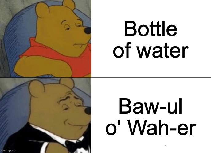 Tuxedo Winnie The Pooh | Bottle of water; Baw-ul o' Wah-er | image tagged in memes,tuxedo winnie the pooh | made w/ Imgflip meme maker