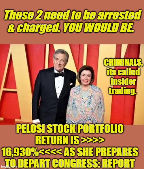 Watch dems defend her. | These 2 need to be arrested & charged. YOU WOULD BE. CRIMINALS, its called insider trading. PELOSI STOCK PORTFOLIO RETURN IS >>>> 16,930%<<<< AS SHE PREPARES TO DEPART CONGRESS: REPORT | made w/ Imgflip meme maker