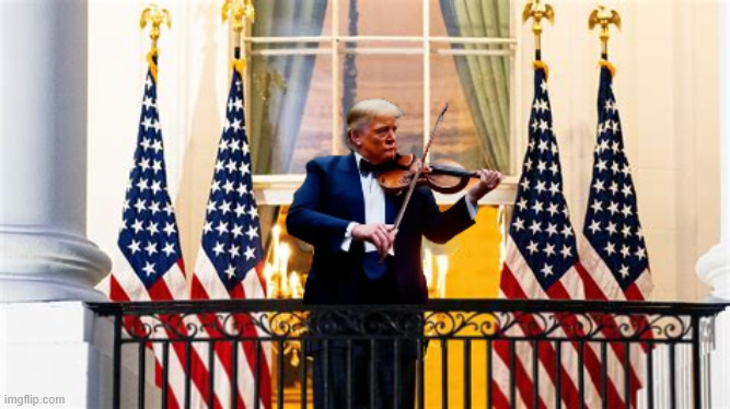 Trump fiddles while hungry stomachs burn | image tagged in trump fiddles while hungry stomachs burn,maga meal,free groceries,let them eat my words,trump soup lines,antichrist | made w/ Imgflip meme maker