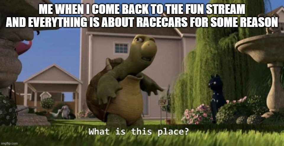 What is this place | ME WHEN I COME BACK TO THE FUN STREAM AND EVERYTHING IS ABOUT RACECARS FOR SOME REASON | image tagged in what is this place | made w/ Imgflip meme maker