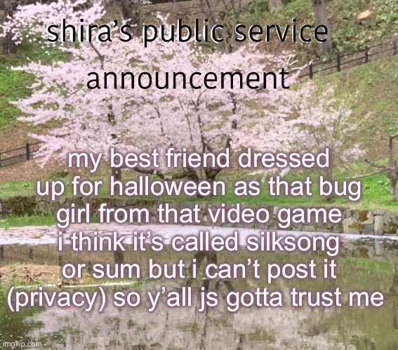 shira’s PSA | my best friend dressed up for halloween as that bug girl from that video game i think it’s called silksong or sum but i can’t post it (privacy) so y’all js gotta trust me | image tagged in shira s psa | made w/ Imgflip meme maker