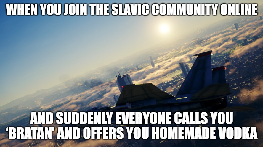 Slavic Project Wingman | WHEN YOU JOIN THE SLAVIC COMMUNITY ONLINE; AND SUDDENLY EVERYONE CALLS YOU ‘BRATAN’ AND OFFERS YOU HOMEMADE VODKA | image tagged in slavic project wingman,slavic lives matter,slavic battle | made w/ Imgflip meme maker