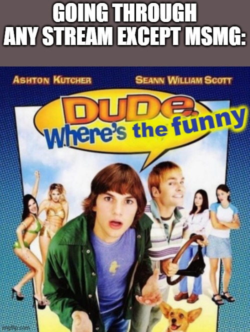 so much corny | GOING THROUGH ANY STREAM EXCEPT MSMG: | image tagged in dude where's the funny | made w/ Imgflip meme maker