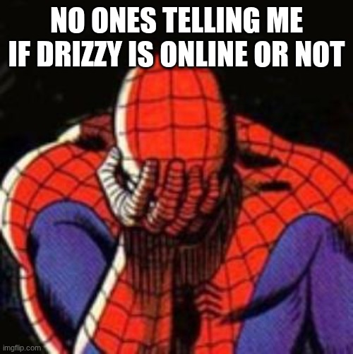ts pmo | NO ONES TELLING ME IF DRIZZY IS ONLINE OR NOT | image tagged in memes,sad spiderman,spiderman | made w/ Imgflip meme maker