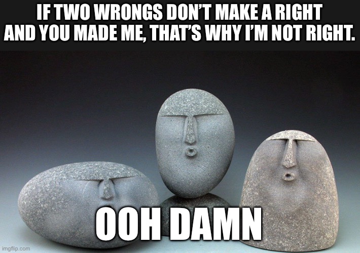 IF TWO WRONGS DON’T MAKE A RIGHT AND YOU MADE ME, THAT’S WHY I’M NOT RIGHT. OOH DAMN | image tagged in oof stones | made w/ Imgflip meme maker