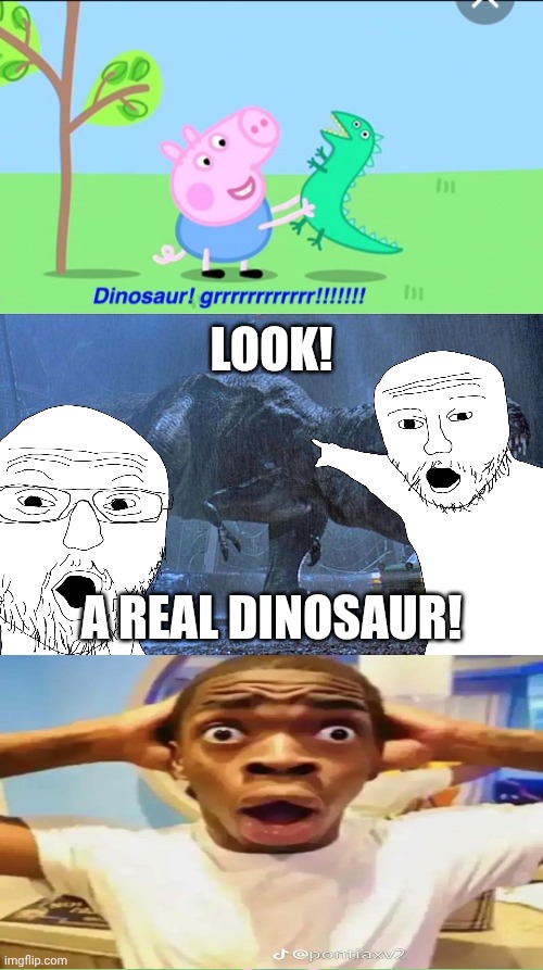 DINOSAUR CAUGHT ON CAMERA (100% REAL) | LOOK! A REAL DINOSAUR! | image tagged in ruin this meme,peppa pig,deviantart,soyjak,cringe,why are you reading the tags | made w/ Imgflip meme maker