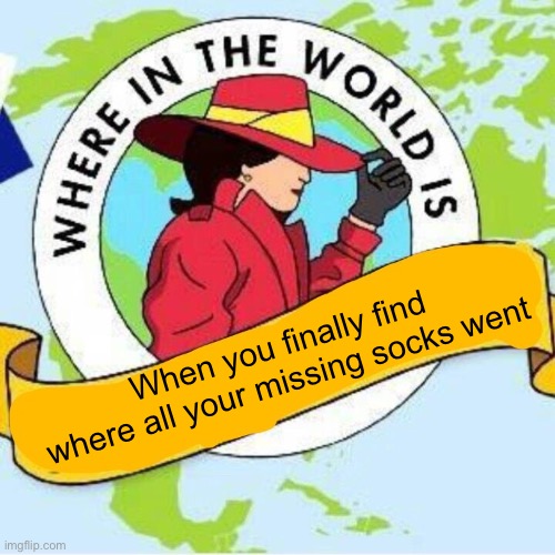 Carmen sandiego | When you finally find where all your missing socks went | image tagged in carmen sandiego | made w/ Imgflip meme maker