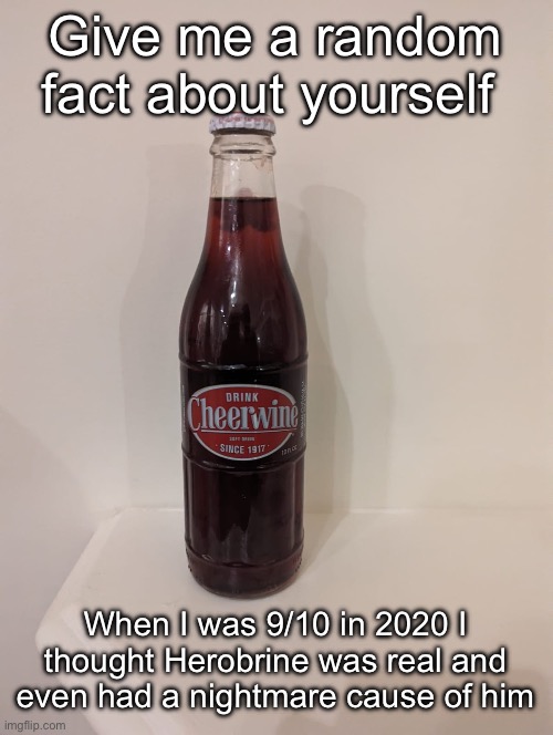 Cheerwine | Give me a random fact about yourself; When I was 9/10 in 2020 I thought Herobrine was real and even had a nightmare cause of him | image tagged in cheerwine | made w/ Imgflip meme maker