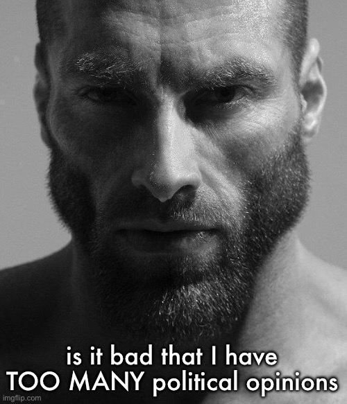 i just dont share most of them | is it bad that I have TOO MANY political opinions | image tagged in gigachad staring | made w/ Imgflip meme maker