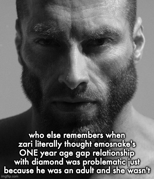 . | who else remembers when zari literally thought emosnake's ONE year age gap relationship with diamond was problematic just because he was an adult and she wasn't | image tagged in gigachad staring | made w/ Imgflip meme maker