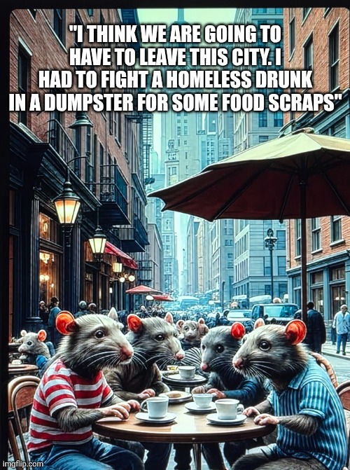Meanwhile in New York City | "I THINK WE ARE GOING TO HAVE TO LEAVE THIS CITY. I HAD TO FIGHT A HOMELESS DRUNK IN A DUMPSTER FOR SOME FOOD SCRAPS" | image tagged in new york city rats | made w/ Imgflip meme maker