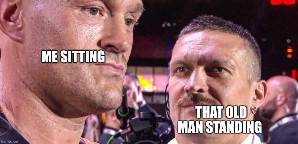 When you're on the bus | ME SITTING; THAT OLD MAN STANDING | image tagged in usyk stare,funny,bus,memes | made w/ Imgflip meme maker