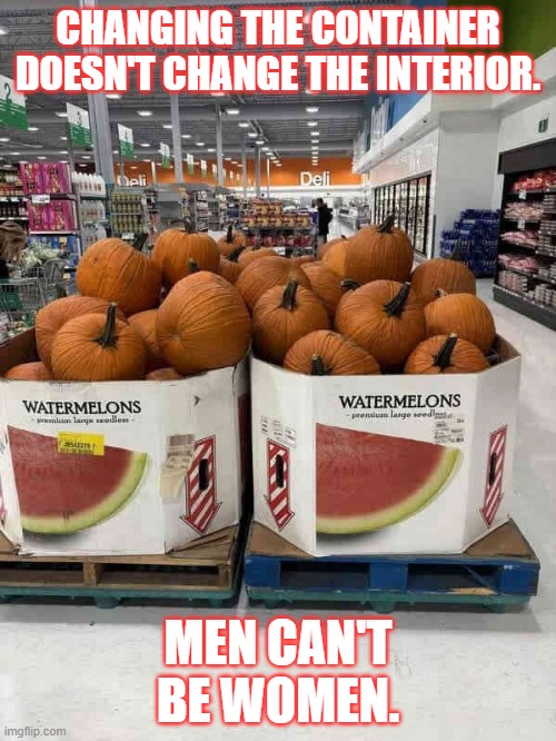 Labels Don't Change The Content | CHANGING THE CONTAINER DOESN'T CHANGE THE INTERIOR. MEN CAN'T BE WOMEN. | image tagged in men,women,watermelons | made w/ Imgflip meme maker