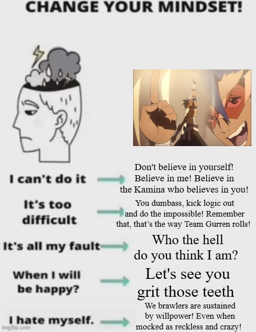 *libera me from hell plays in the background* | Don't believe in yourself! Believe in me! Believe in the Kamina who believes in you! You dumbass, kick logic out and do the impossible! Remember that, that’s the way Team Gurren rolls! Who the hell do you think I am? Let's see you grit those teeth; We brawlers are sustained by willpower! Even when mocked as reckless and crazy! | image tagged in change your mindset,memes,anime | made w/ Imgflip meme maker