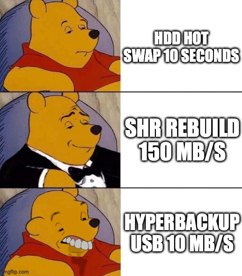 Best,Better, Blurst | HDD HOT SWAP 10 SECONDS; SHR REBUILD 150 MB/S; HYPERBACKUP USB 10 MB/S | image tagged in best better blurst | made w/ Imgflip meme maker