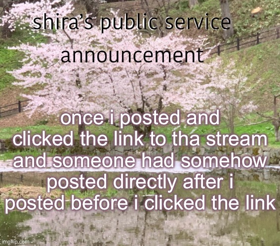 shira’s PSA | once i posted and clicked the link to tha stream and someone had somehow posted directly after i posted before i clicked the link | image tagged in shira s psa | made w/ Imgflip meme maker