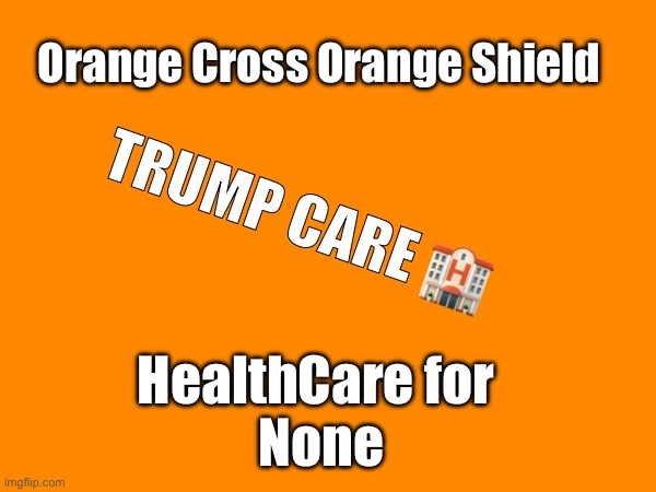 Orange Cross Orange Shield; TRUMP CARE 🏨; HealthCare for 
None | made w/ Imgflip meme maker