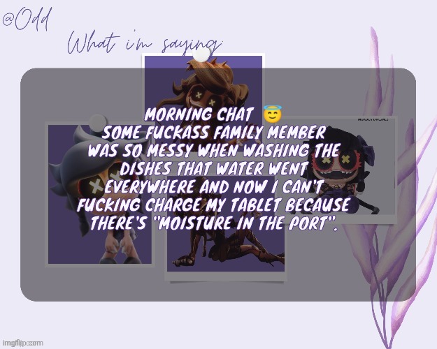 Odd's cynessa template (thanks grace!!!) | MORNING CHAT  😇
SOME FUCKASS FAMILY MEMBER WAS SO MESSY WHEN WASHING THE DISHES THAT WATER WENT EVERYWHERE AND NOW I CAN'T FUCKING CHARGE MY TABLET BECAUSE THERE'S "MOISTURE IN THE PORT". | image tagged in odd's cynessa template thanks grace | made w/ Imgflip meme maker