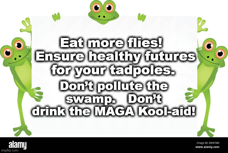 Antifa Frogs | Eat more flies! 

 Ensure healthy futures for your tadpoles. Don’t pollute the swamp.   Don’t drink the MAGA Kool-aid! | image tagged in fascism,maga,nevertrump meme,donald trump approves,trump is a moron,i love democracy | made w/ Imgflip meme maker