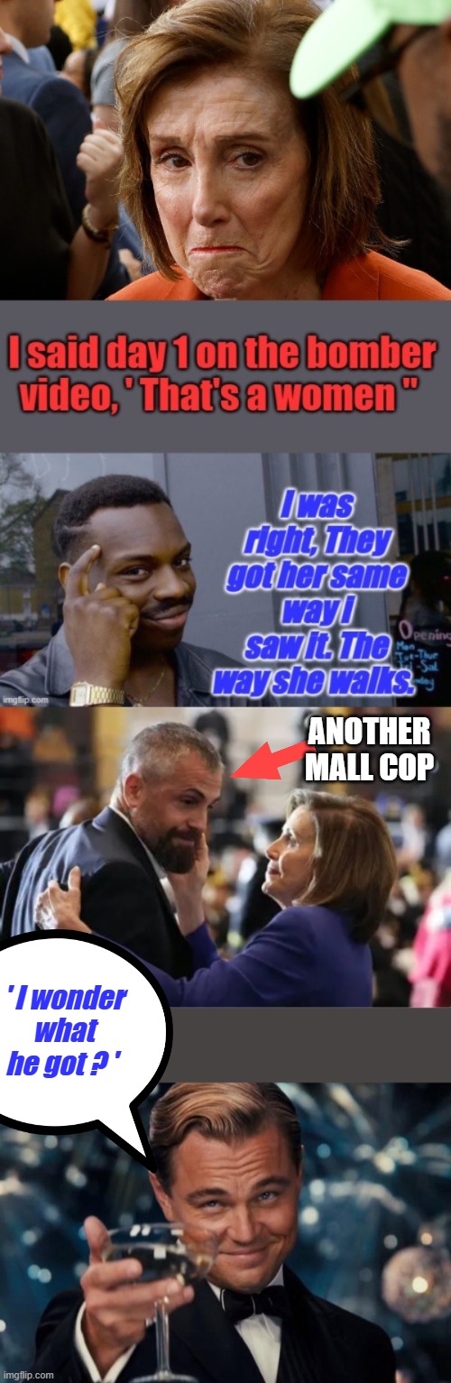 Every one of them got something. Nancy Nancy Nancy, every picture tells a story. | ANOTHER MALL COP; ' I wonder what he got ? ' | image tagged in memes,leonardo dicaprio cheers | made w/ Imgflip meme maker