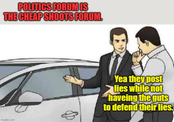 Comments Disabled. | POLITICS FORUM IS  THE CHEAP SHOOTS FORUM. Yea they post lies while not haveing the guts to defend their lies. | image tagged in memes,car salesman slaps roof of car | made w/ Imgflip meme maker