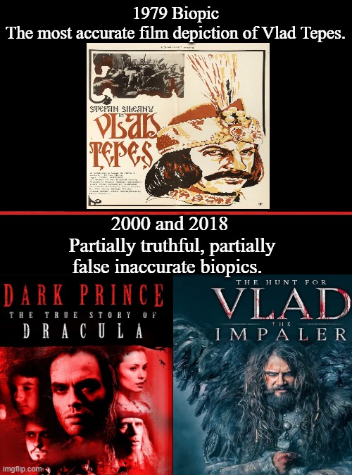 Vlad Tepes | 1979 Biopic
The most accurate film depiction of Vlad Tepes. 2000 and 2018 
Partially truthful, partially false inaccurate biopics. | image tagged in vlad tepes,dark prince the true story of dracula,vlad the impaler,destroyer of terrorists,romania,dracula | made w/ Imgflip meme maker
