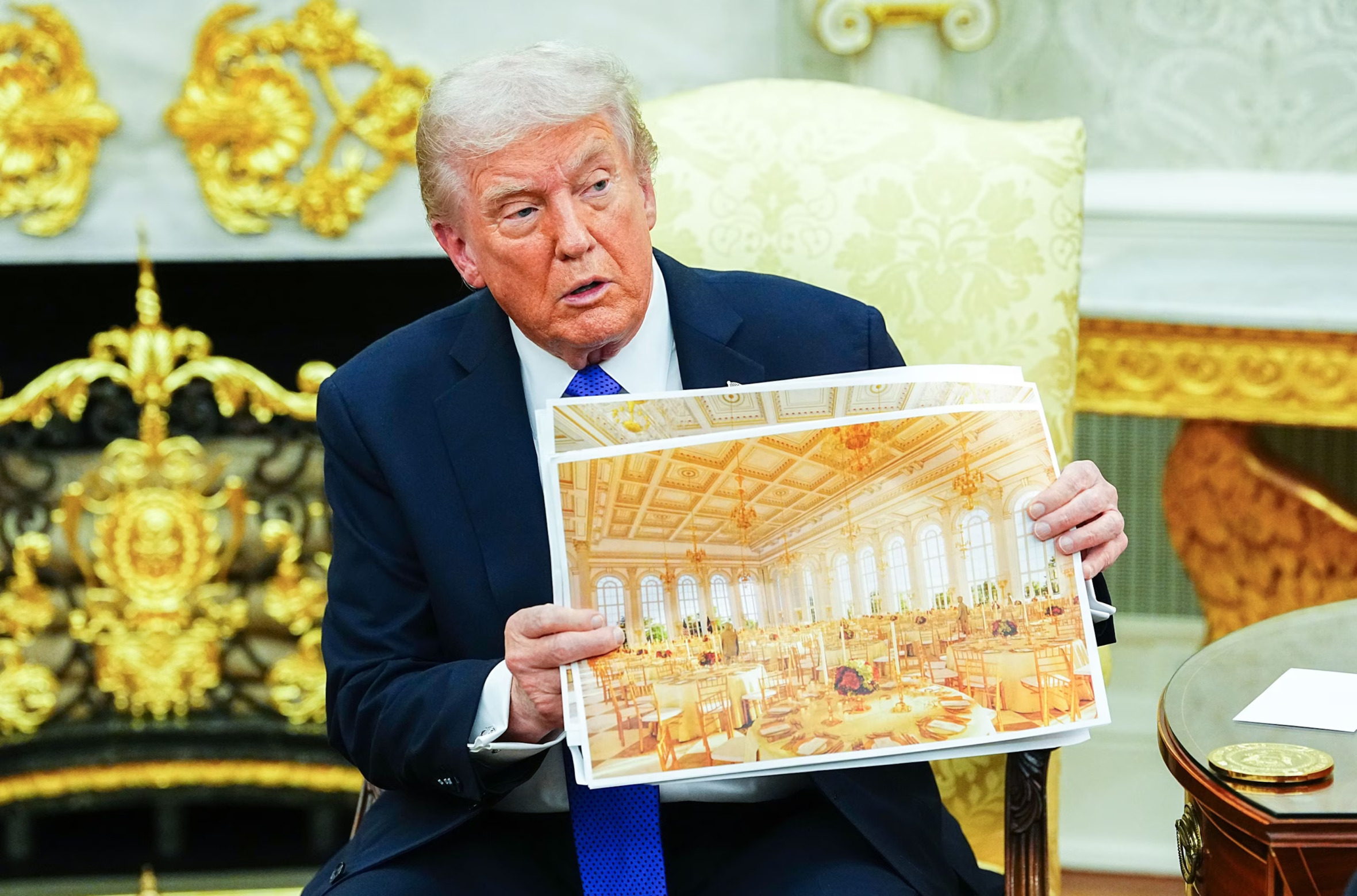 Trump with ballroom rendering Blank Meme Template
