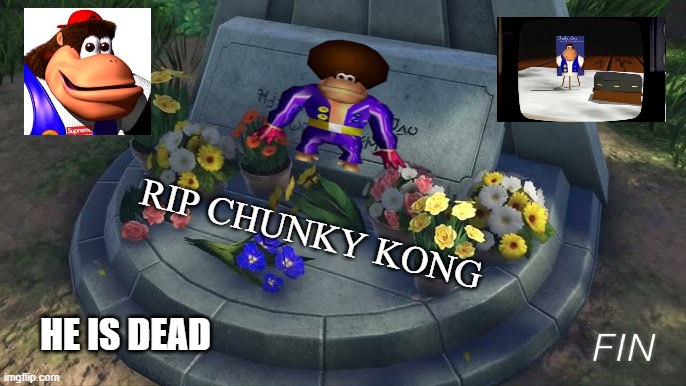 rip chunky kong | RIP CHUNKY KONG; HE IS DEAD | image tagged in the end,chunky kong,donkey kong,he's dead,video game memes,rip | made w/ Imgflip meme maker