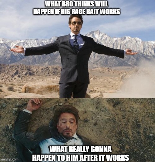 rage bait | WHAT BRO THINKS WILL HAPPEN IF HIS RAGE BAIT WORKS; WHAT REALLY GONNA HAPPEN TO HIM AFTER IT WORKS | image tagged in before after tony stark | made w/ Imgflip meme maker