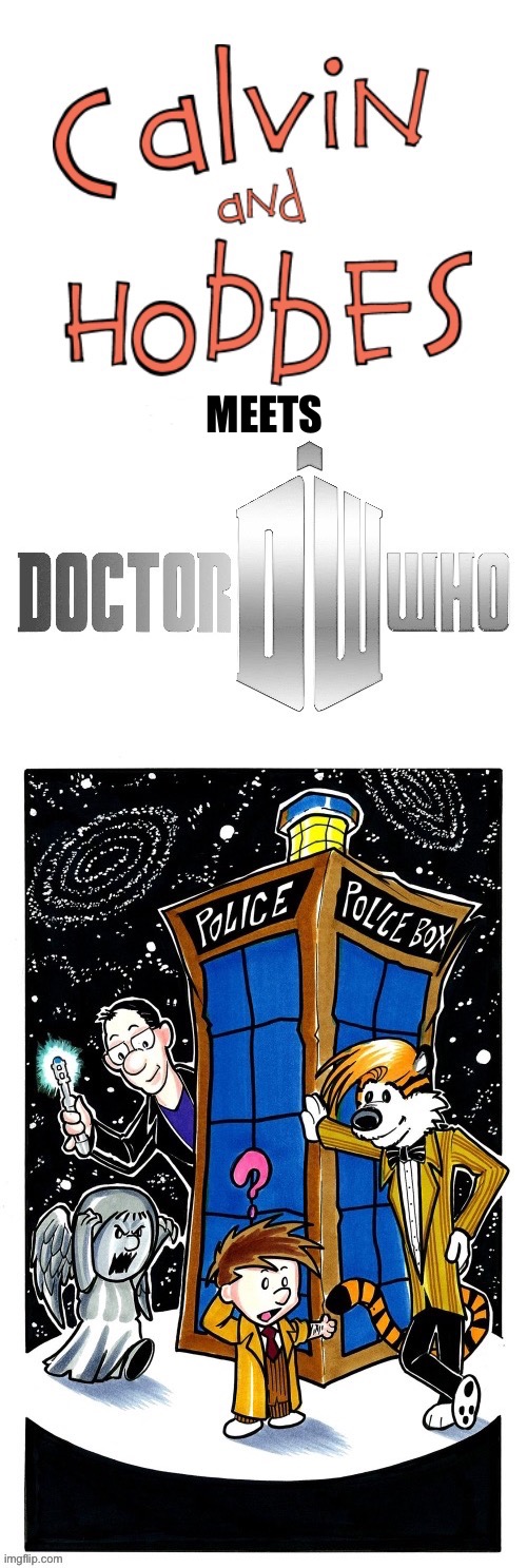 Calvin & Hobbes- Doctor Who fan art | MEETS | image tagged in calvin and hobbes,doctor who,fan art,mashup,three doctors,weeping angel | made w/ Imgflip meme maker