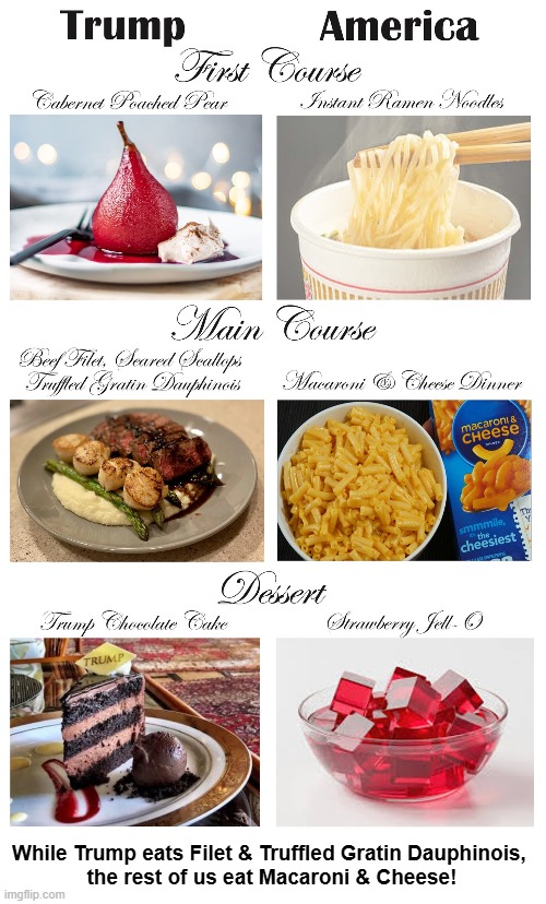 While Trump throws a decadent truffles party, he asks the Supreme Court to block full SNAP payments to 42 million Americans! | While Trump eats Filet & Truffled Gratin Dauphinois, 

the rest of us eat Macaroni & Cheese! | image tagged in donald trump,mar-a-lago,king,snap,food stamps | made w/ Imgflip meme maker