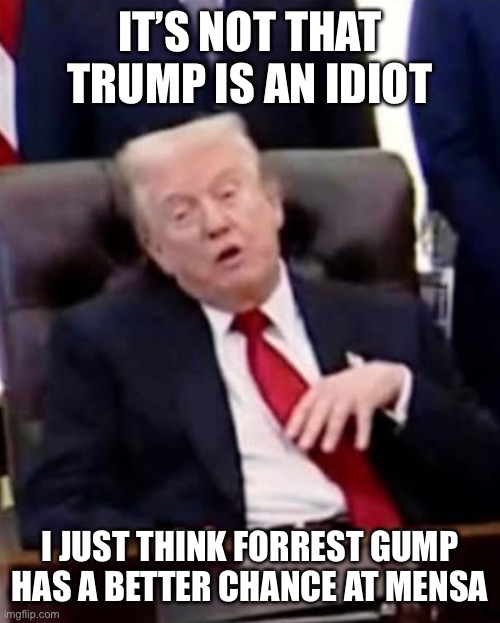 Trump | IT’S NOT THAT TRUMP IS AN IDIOT; I JUST THINK FORREST GUMP HAS A BETTER CHANCE AT MENSA | made w/ Imgflip meme maker