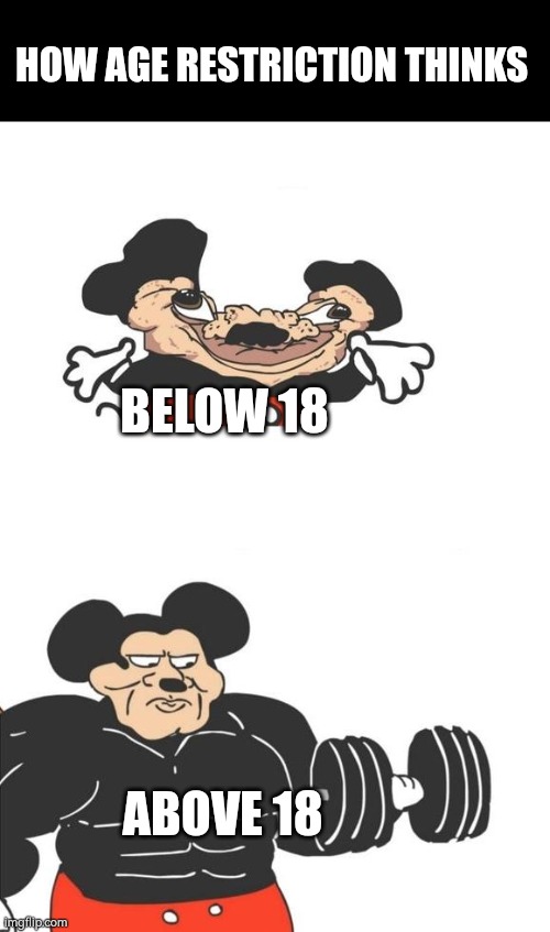 Im bored so lemme just create this | HOW AGE RESTRICTION THINKS; BELOW 18; ABOVE 18 | image tagged in buff mickey mouse | made w/ Imgflip meme maker