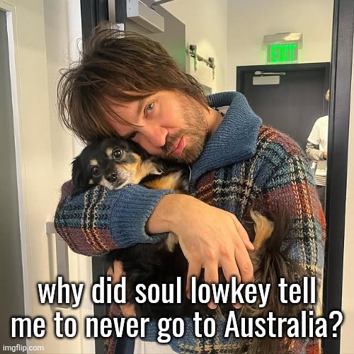 Kevin Parker hugging puppy | why did soul lowkey tell me to never go to Australia? | image tagged in kevin parker hugging puppy | made w/ Imgflip meme maker