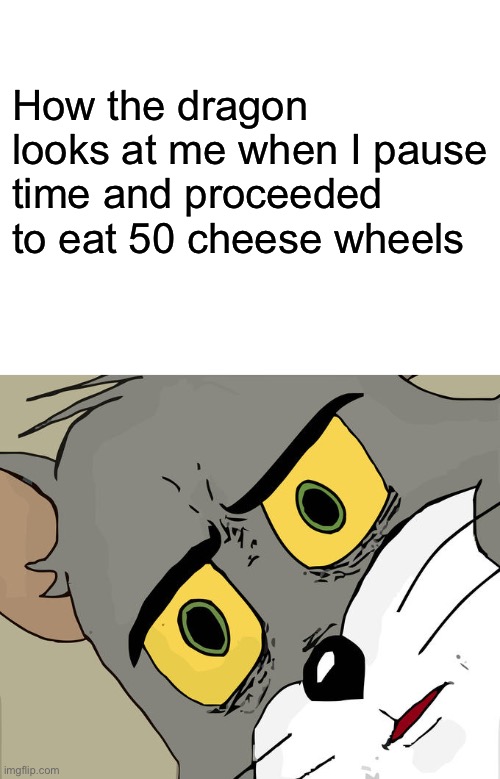 How the dragon looks at me when I pause time and proceeded to eat 50 cheese wheels | image tagged in blank white template,memes,unsettled tom | made w/ Imgflip meme maker