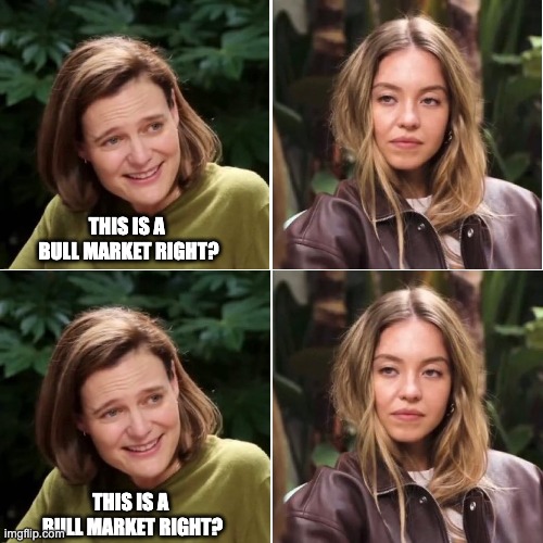 Sydney Sweeney and Katherine Stoeffel GQ Interview | THIS IS A 
BULL MARKET RIGHT? THIS IS A 
BULL MARKET RIGHT? | image tagged in sydney sweeney,katherine stoeffel,gq interview | made w/ Imgflip meme maker