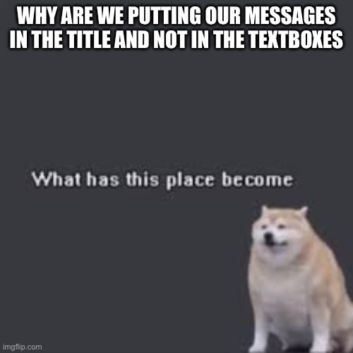 What has this place become | WHY ARE WE PUTTING OUR MESSAGES IN THE TITLE AND NOT IN THE TEXTBOXES | image tagged in what has this place become | made w/ Imgflip meme maker